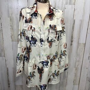 Callabie Equestrian Print Button-Up Ruffle Hem Shirt